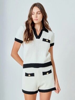 ENDLESS ROSE • Crochet Knit Collared Top in Ivory/Black